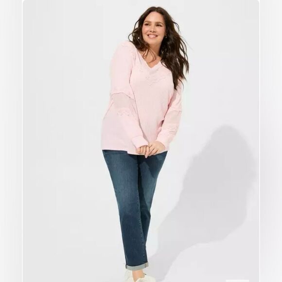 NWT Torrid Waffle VNeck Long Sleeve Mesh Insert  Sweatshirt Almond Blossom 2X - Picture 3 of 12